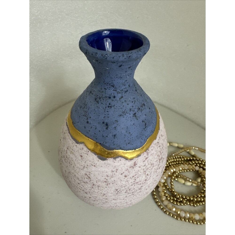 Studio Art Pottery vase MD Signed Mid Century Heavy Blue Pink Gold Strip - Picture 5 of 15